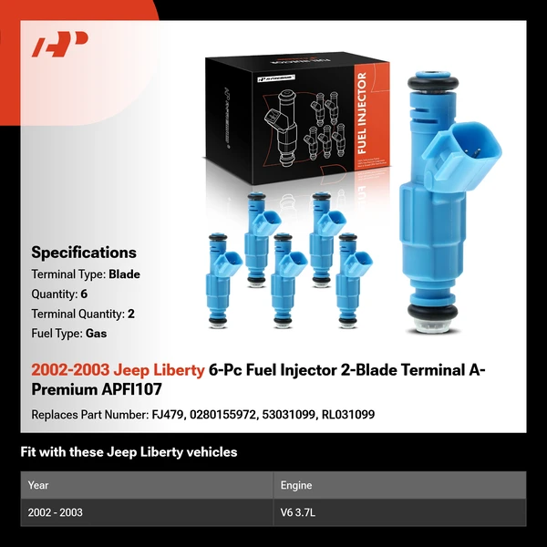 2002-2003 Jeep Liberty 6-Pc Fuel Injector 2-Blade Terminal A-Premium APFI107