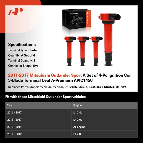 2011-2017 Mitsubishi Outlander Sport A Set of 4-Pc Ignition Coil 3-Blade Terminal Oval A-Premium APIC1450