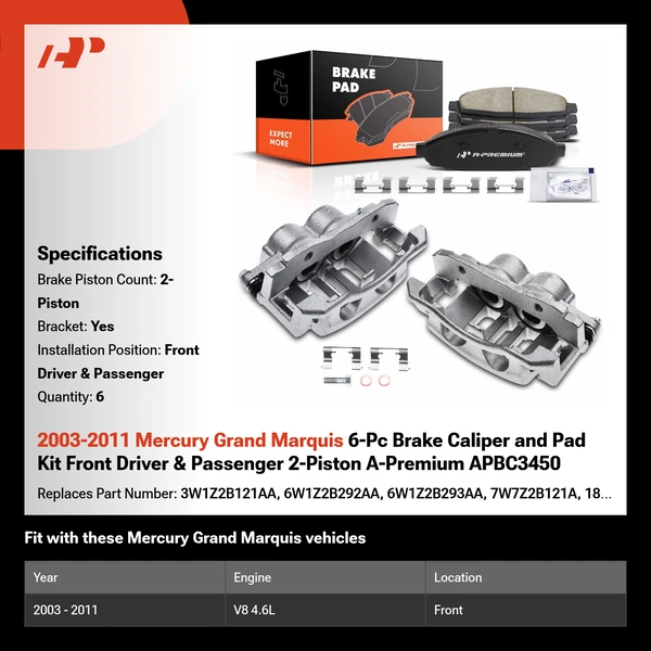 2003-2011 Mercury Grand Marquis 6-Pc Brake Caliper and Pad Kit Front Driver & Passenger 2-Piston A-Premium APBC3450