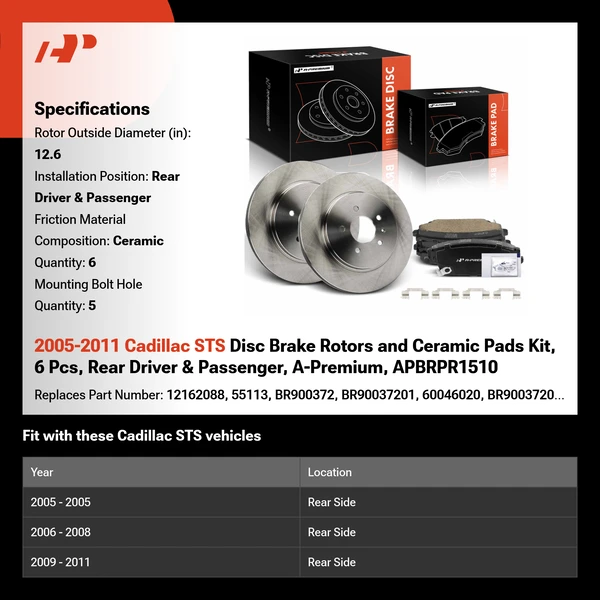2005-2011 Cadillac STS Disc Brake Rotors and Ceramic Pads Kit, 6 Pcs, Rear Driver & Passenger, A-Premium, APBRPR1510