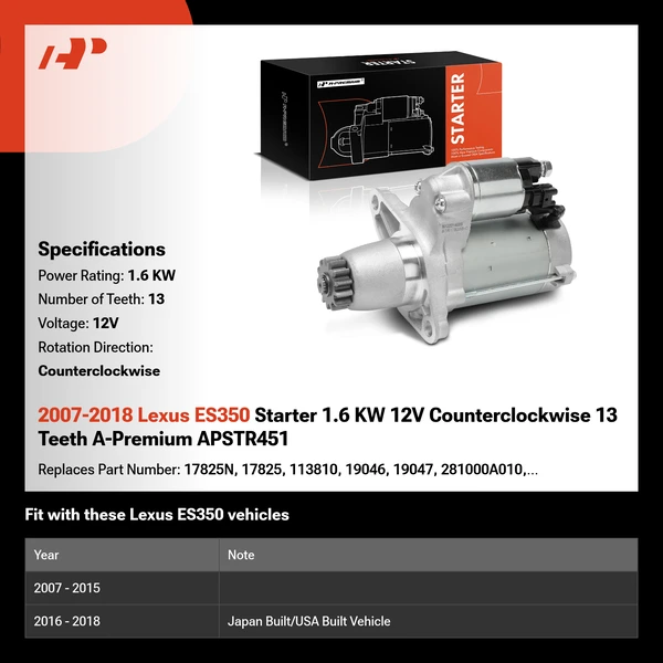 2007-2018 Lexus ES350 Starter 1.6 KW 12V Counterclockwise 13 Teeth A-Premium APSTR451