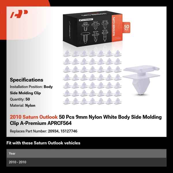 2010 Saturn Outlook 50 Pcs 9mm Nylon White Body Side Molding Clip A-Premium APRCF564