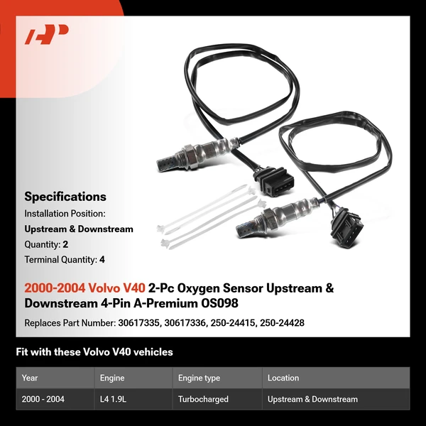 2000-2004 Volvo V40 2-Pc Oxygen Sensor Upstream & Downstream 4-Pin A-Premium OS098
