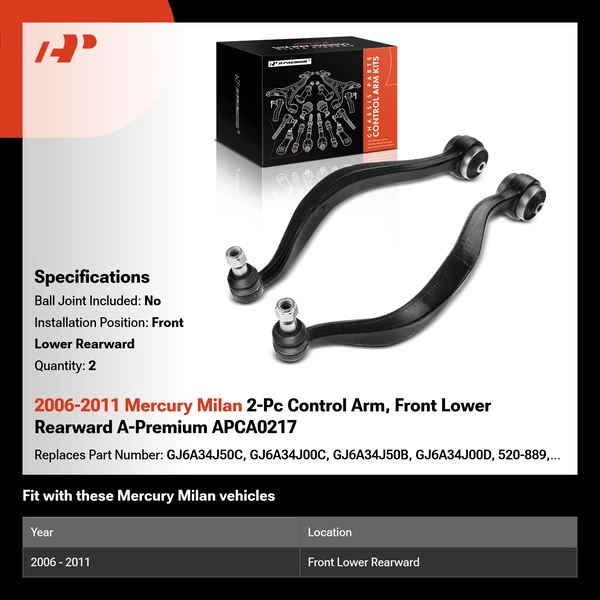 2006-2011 Mercury Milan 2-Pc Control Arm, Front Lower Rearward A-Premium APCA0217