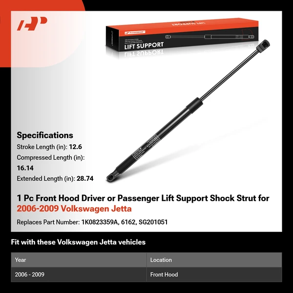 1 Pc Front Hood Driver or Passenger Lift Support Shock Strut for 2006-2009 Volkswagen Jetta