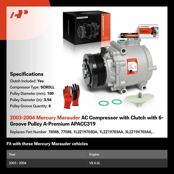 2003-2004 Mercury Marauder AC Compressor with Clutch with 6-Groove Pulley A-Premium APACC319