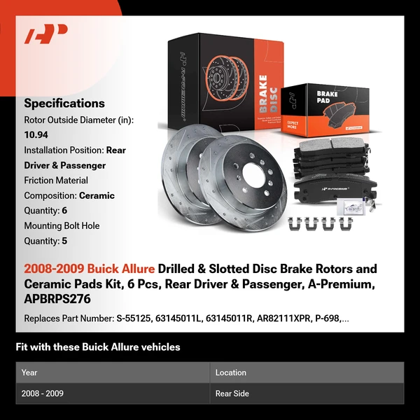 2008-2009 Buick Allure Drilled & Slotted Disc Brake Rotors and Ceramic Pads Kit, 6 Pcs, Rear Driver & Passenger, A-Premium, APBRPS276