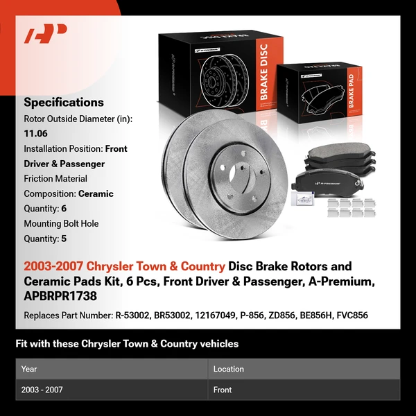 2003-2007 Chrysler Town & Country Disc Brake Rotors and Ceramic Pads Kit, 6 Pcs, Front Driver & Passenger, A-Premium, APBRPR1738