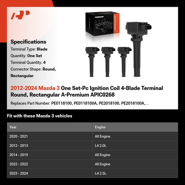 2012-2024 Mazda 3 One Set-Pc Ignition Coil 4-Blade Terminal Round, Rectangular A-Premium APIC0268