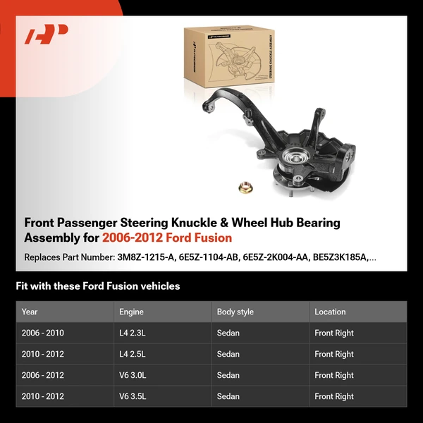 Front Passenger Steering Knuckle & Wheel Hub Bearing Assembly for 2006-2012 Ford Fusion