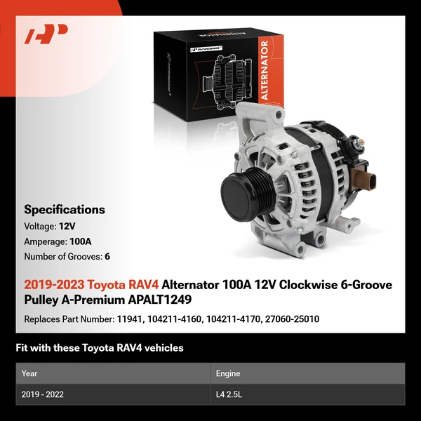2019-2023 Toyota RAV4 Alternator 100A 12V Clockwise 6-Groove Pulley A-Premium APALT1249