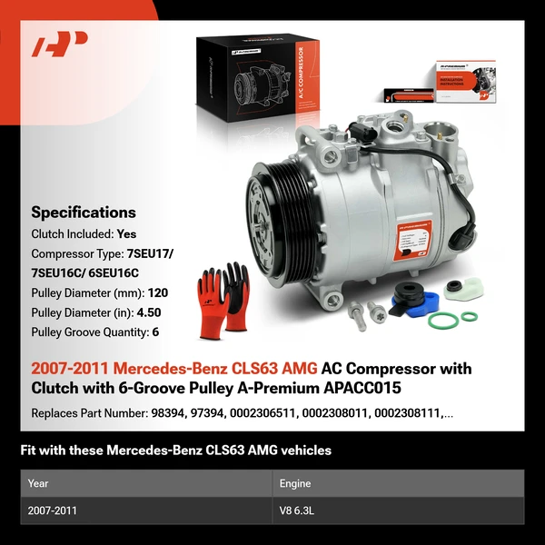 2007-2011 Mercedes-Benz CLS63 AMG AC Compressor with Clutch with 6-Groove Pulley A-Premium APACC015