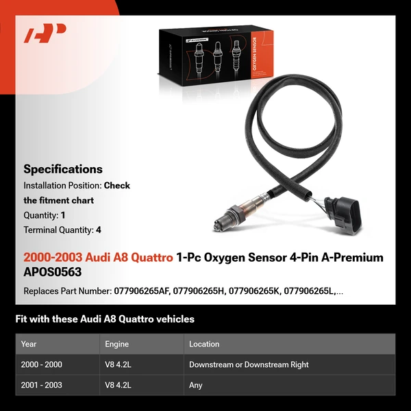 2000-2003 Audi A8 Quattro 1-Pc Oxygen Sensor 4-Pin A-Premium APOS0563