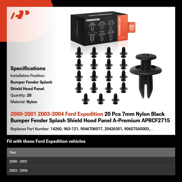 2000-2001 2003-2004 Ford Expedition 20 Pcs 7mm Nylon Black Bumper Fender Splash Shield Hood Panel A-Premium APRCF2715