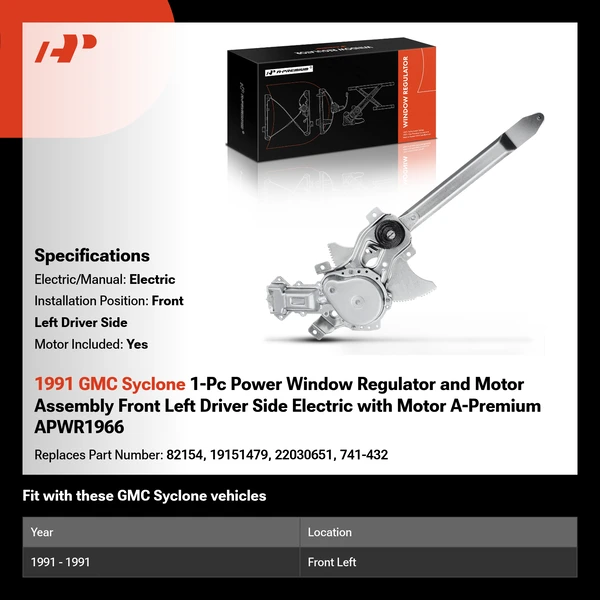 1991 GMC Syclone 1-Pc Power Window Regulator and Motor Assembly Front Left Driver Side Electric with Motor A-Premium APWR1966