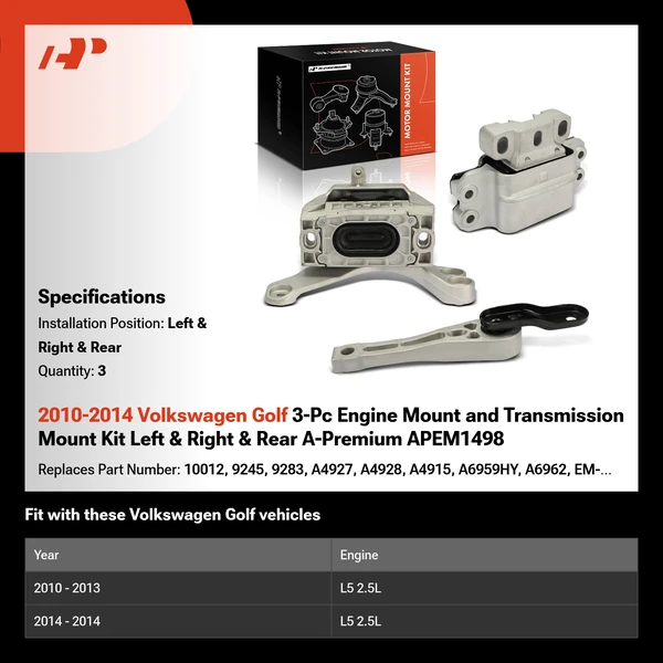 2010-2014 Volkswagen Golf 3-Pc Engine Mount and Transmission Mount Kit Left & Right & Rear A-Premium APEM1498