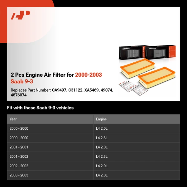 2 Pcs Engine Air Filter for 2000-2003 Saab 9-3