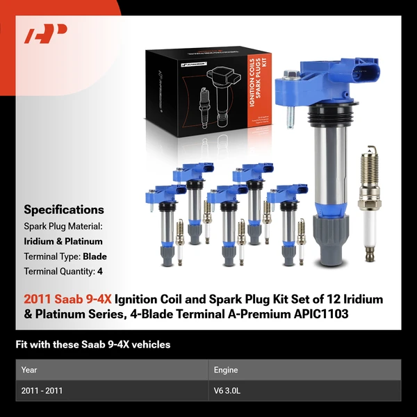 2011 Saab 9-4X Ignition Coil and Spark Plug Kit Set of 12 Iridium & Platinum Series, 4-Blade Terminal A-Premium APIC1103