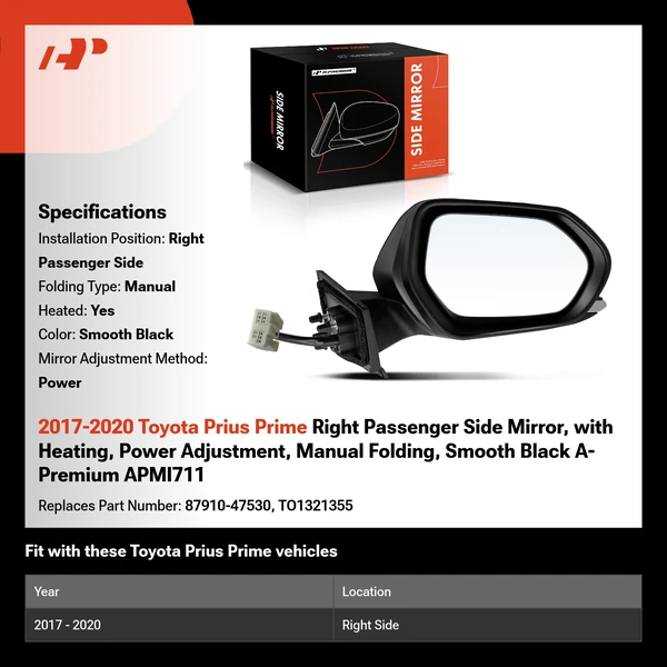 2017-2020 Toyota Prius Prime Right Passenger Side Mirror, with Heating, Power Adjustment, Manual Folding, Smooth Black A-Premium APMI711