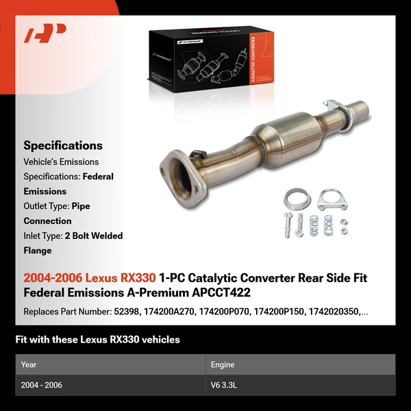 2004-2006 Lexus RX330 1-PC Catalytic Converter Rear Side Fit Federal Emissions A-Premium APCCT422
