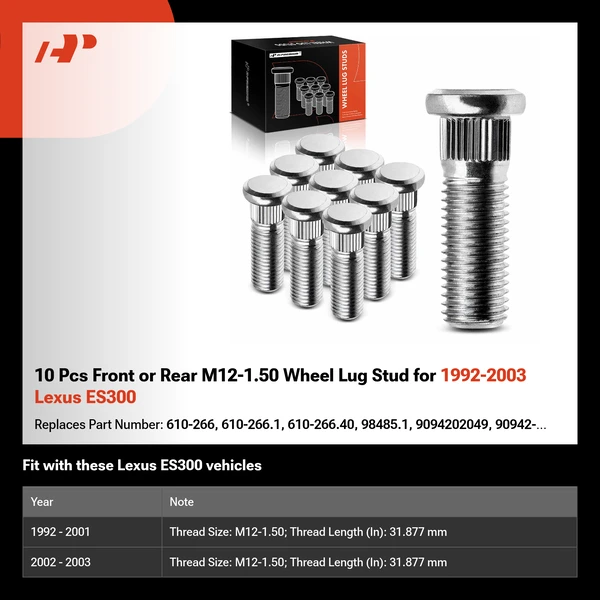 10 Pcs Front or Rear M12-1.50 Wheel Lug Stud for 1992-2003 Lexus ES300