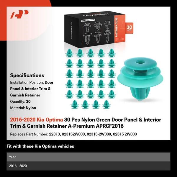 2016-2020 Kia Optima 30 Pcs Nylon Green Door Panel & Interior Trim & Garnish Retainer A-Premium APRCF2016