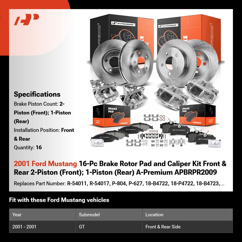 2001 Ford Mustang 16-Pc Brake Rotor Pad and Caliper Kit Front & Rear 2-Piston (Front); 1-Piston (Rear) A-Premium APBRPR2009