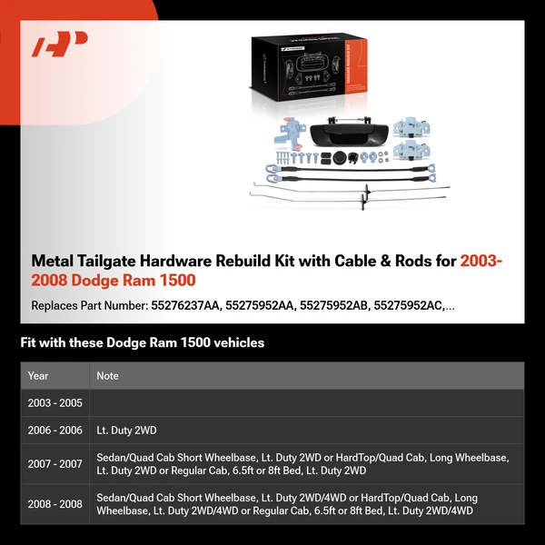 Metal Tailgate Hardware Rebuild Kit with Cable & Rods for 2003-2008 Dodge Ram 1500