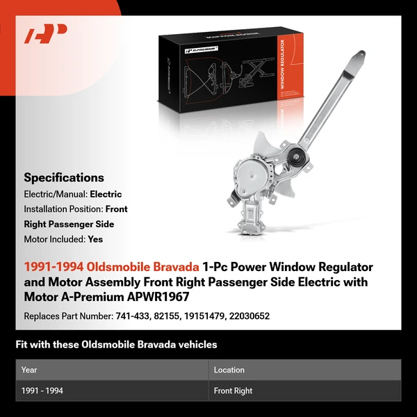 1991-1994 Oldsmobile Bravada 1-Pc Power Window Regulator and Motor Assembly Front Right Passenger Side Electric with Motor A-Premium APWR1967