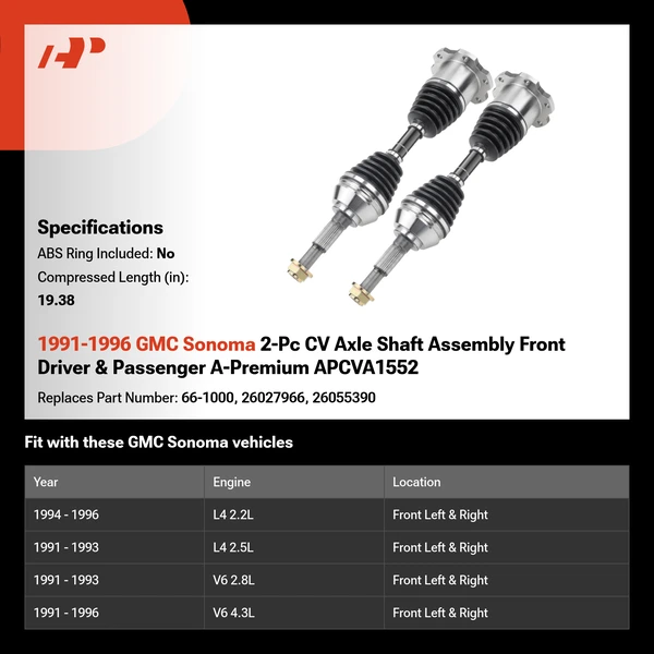 1991-1996 GMC Sonoma 2-Pc CV Axle Shaft Assembly Front Driver & Passenger A-Premium APCVA1552