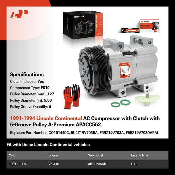 1991-1994 Lincoln Continental AC Compressor with Clutch with 6-Groove Pulley A-Premium APACC562