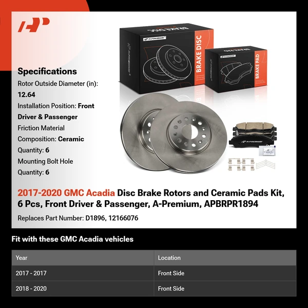 2017-2020 GMC Acadia Disc Brake Rotors and Ceramic Pads Kit, 6 Pcs, Front Driver & Passenger, A-Premium, APBRPR1894