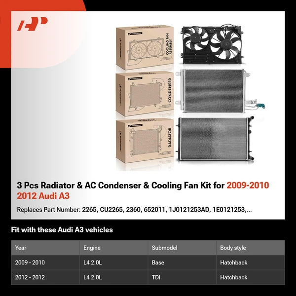 3 Pcs Radiator & AC Condenser & Cooling Fan Kit for 2009-2010 2012 Audi A3