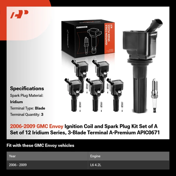 2006-2009 GMC Envoy Ignition Coil and Spark Plug Kit Set of A Set of 12 Iridium Series, 3-Blade Terminal A-Premium APIC0671