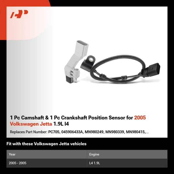 1 Pc Camshaft & 1 Pc Crankshaft Position Sensor for 2005 Volkswagen Jetta 1.9L l4