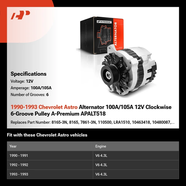 1990-1993 Chevrolet Astro Alternator 100A/105A 12V Clockwise 6-Groove Pulley A-Premium APALT518