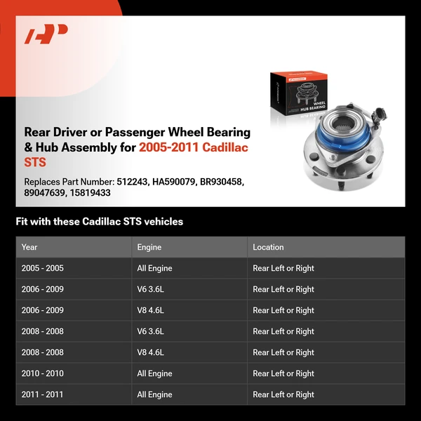 Rear Driver or Passenger Wheel Bearing & Hub Assembly for 2005-2011 Cadillac STS