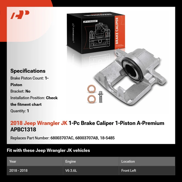 2018 Jeep Wrangler JK 1-Pc Brake Caliper 1-Piston A-Premium APBC1318