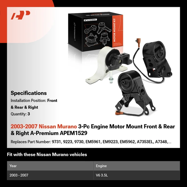 2003-2007 Nissan Murano 3-Pc Engine Motor Mount Front & Rear & Right A-Premium APEM1529