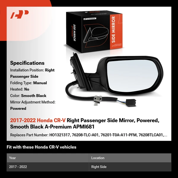 2017-2022 Honda CR-V Right Passenger Side Mirror, Powered, Smooth Black A-Premium APMI681