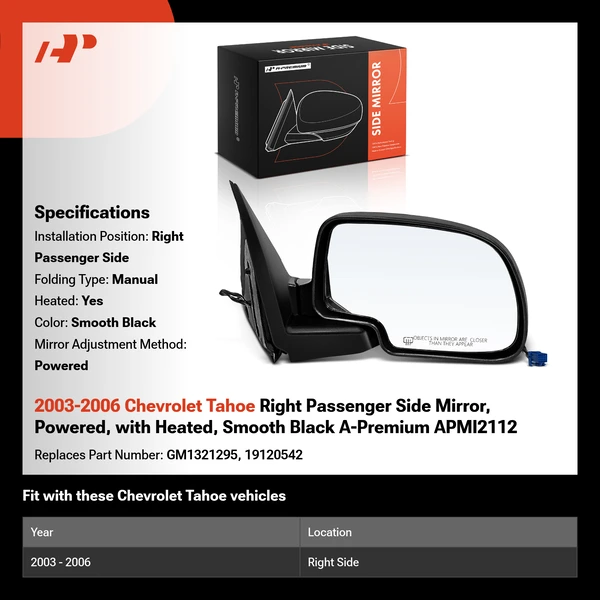 2003-2006 Chevrolet Tahoe Right Passenger Side Mirror, Powered, with Heated, Smooth Black A-Premium APMI2112