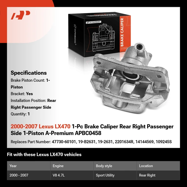 2000-2007 Lexus LX470 1-Pc Brake Caliper Rear Right Passenger Side 1-Piston A-Premium APBC0458
