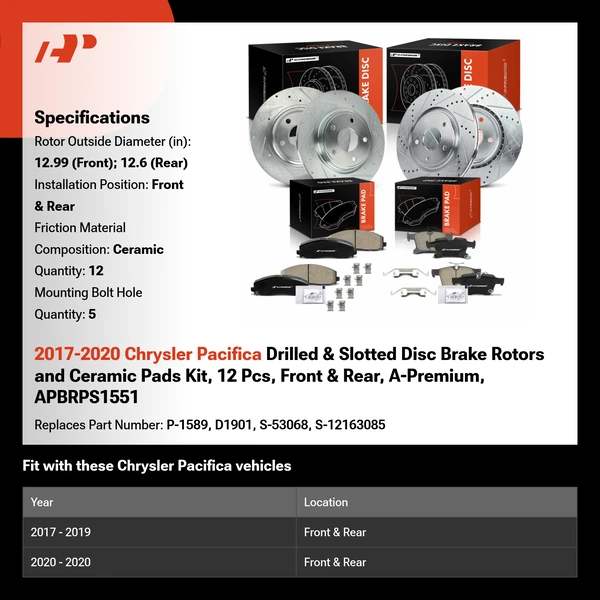 2017-2020 Chrysler Pacifica Drilled & Slotted Disc Brake Rotors and Ceramic Pads Kit, 12 Pcs, Front & Rear, A-Premium, APBRPS1551