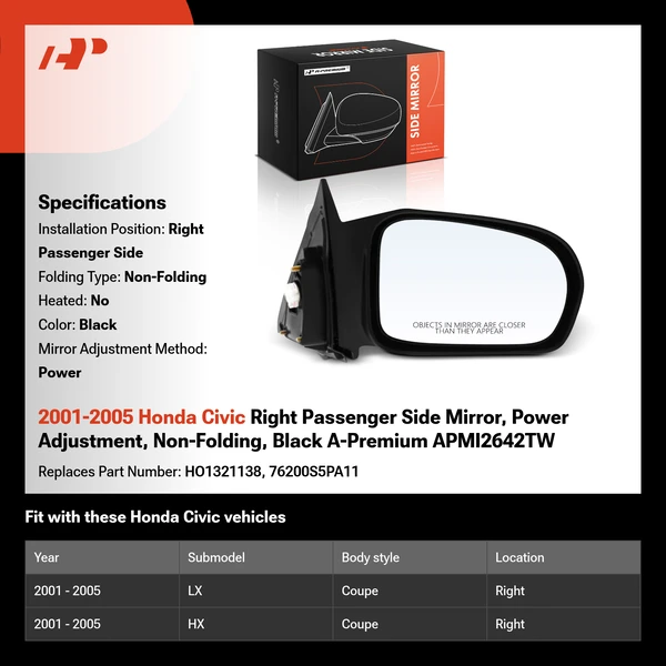 2001-2005 Honda Civic Right Passenger Side Mirror, Power Adjustment, Non-Folding, Black A-Premium APMI2642TW