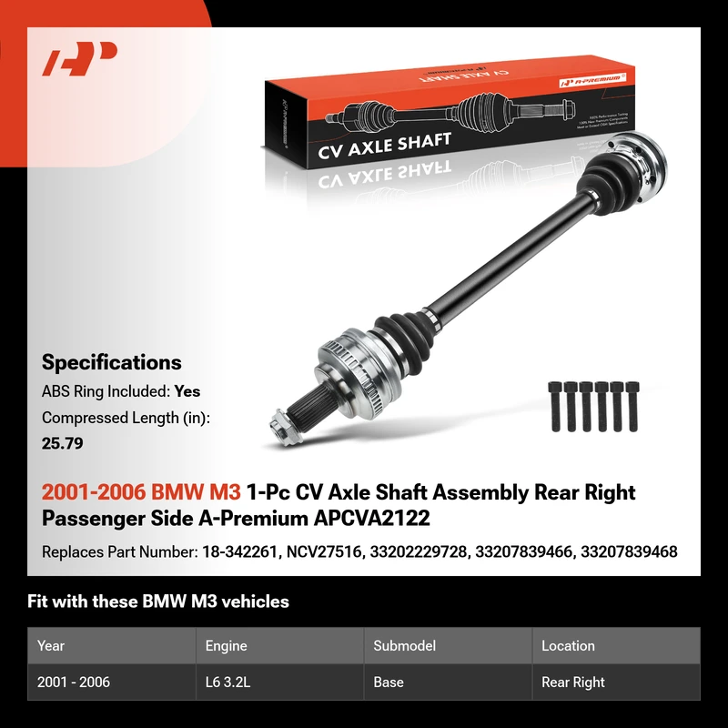 2001-2006 BMW M3 1-Pc CV Axle Shaft Assembly Rear Right Passenger Side A-Premium APCVA2122