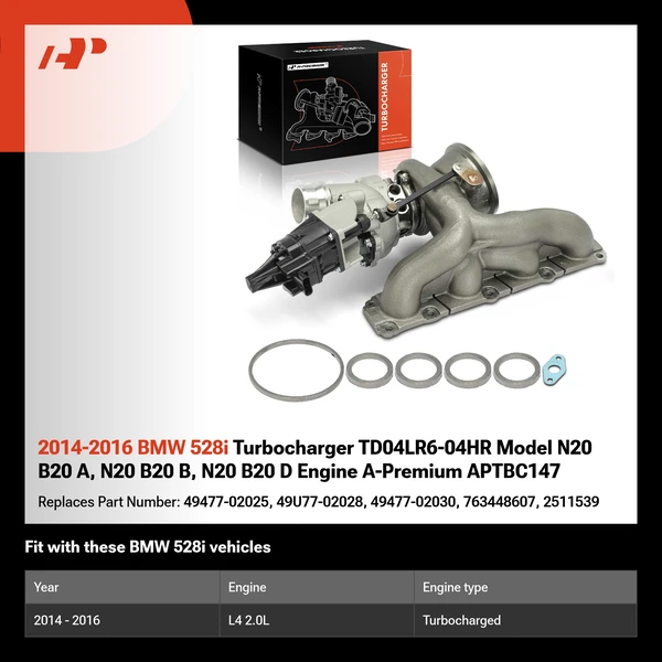 2014-2016 BMW 528i Turbocharger TD04LR6-04HR Model N20 B20 A, N20 B20 B, N20 B20 D Engine A-Premium APTBC147