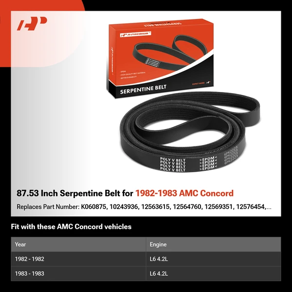 87.53 Inch Serpentine Belt for 1982-1983 AMC Concord