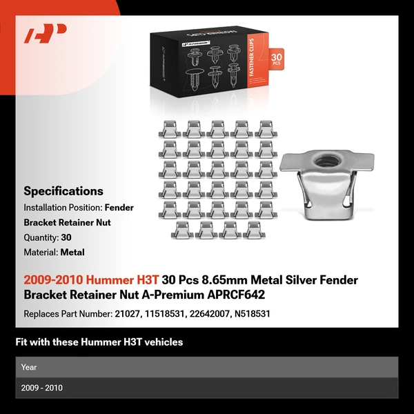 2009-2010 Hummer H3T 30 Pcs 8.65mm Metal Silver Fender Bracket Retainer Nut A-Premium APRCF642