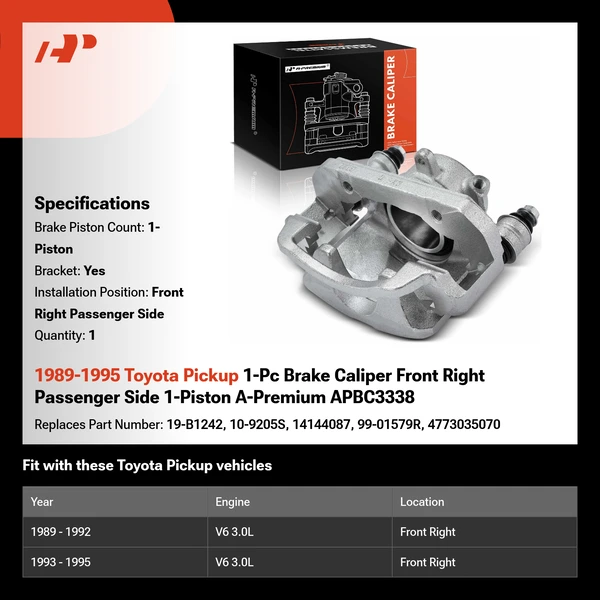 1989-1995 Toyota Pickup 1-Pc Brake Caliper Front Right Passenger Side 1-Piston A-Premium APBC3338