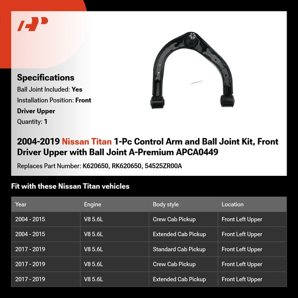 2004-2019 Nissan Titan 1-Pc Control Arm and Ball Joint Kit, Front Driver Upper with Ball Joint A-Premium APCA0449